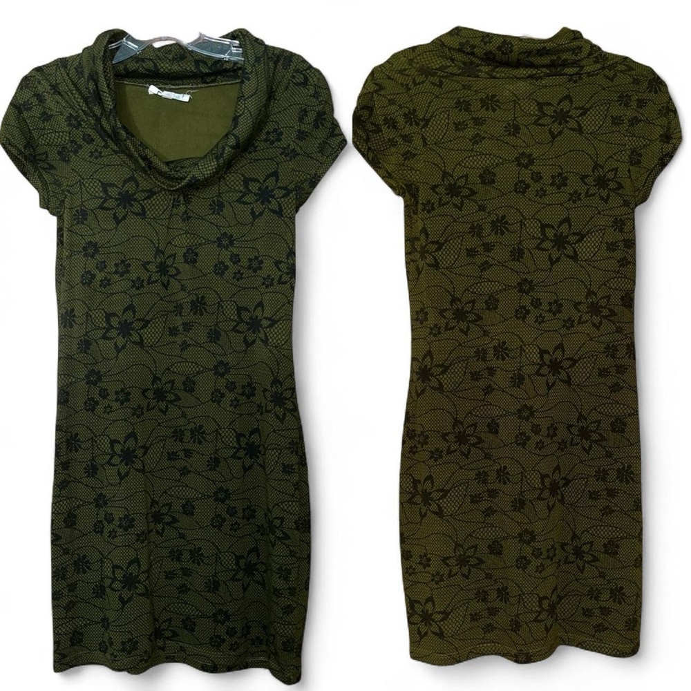 Energize Green floral mini dress with cowl neck and 3/4 sleeves MEDIUM indie mod